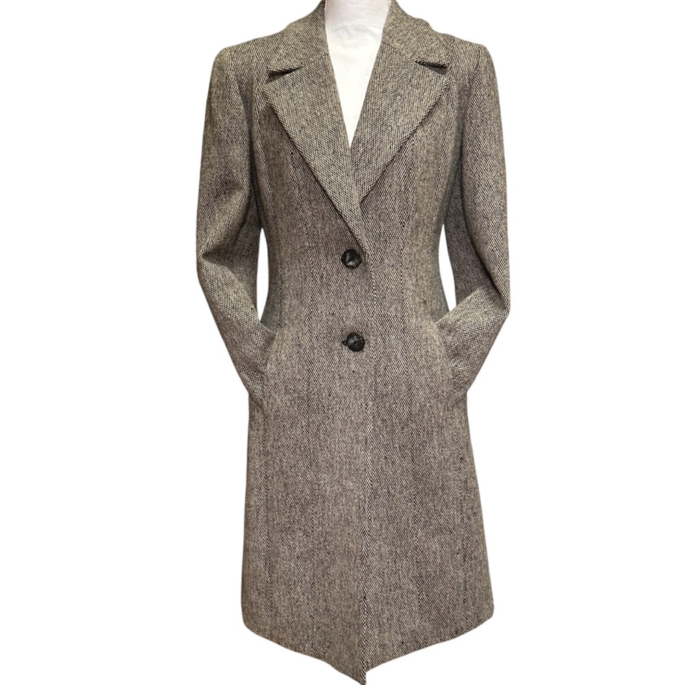 ELLEN TRACY 100% Wool Brown Tweed Full Length Coat Size 4